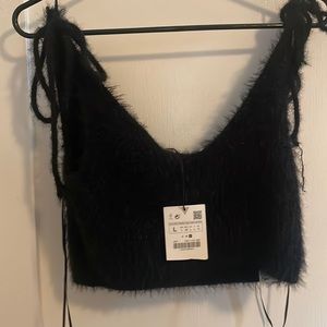 Black spaghetti strapped crop fuzzy top from Zara